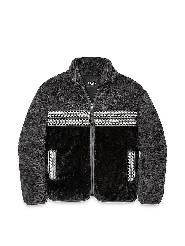 UGG® Marlene Sherpa Jacket Heritage Braid, Black Heritage Braid, offModelFront, 3 of 3