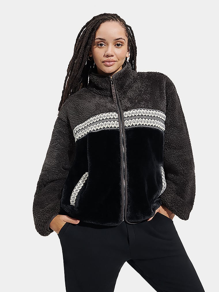 UGG® Marlene Sherpa Jacket Heritage Braid, Black Heritage Braid, onModelFront, 1 of 3