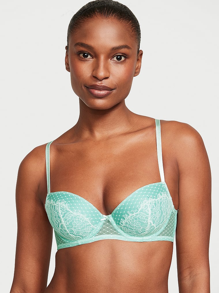 Victoria's Secret, Dream Angels Lace Lightly Lined Demi Bra, Crystal Water, onModelFront, 1 of 5 Tsheca  is 5'9" and wears 34B or Small