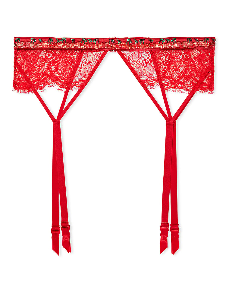 Victoria's Secret, Very Sexy Shine Strap Lace Garter Belt, Cherry Red, offModelFront, 4 of 5