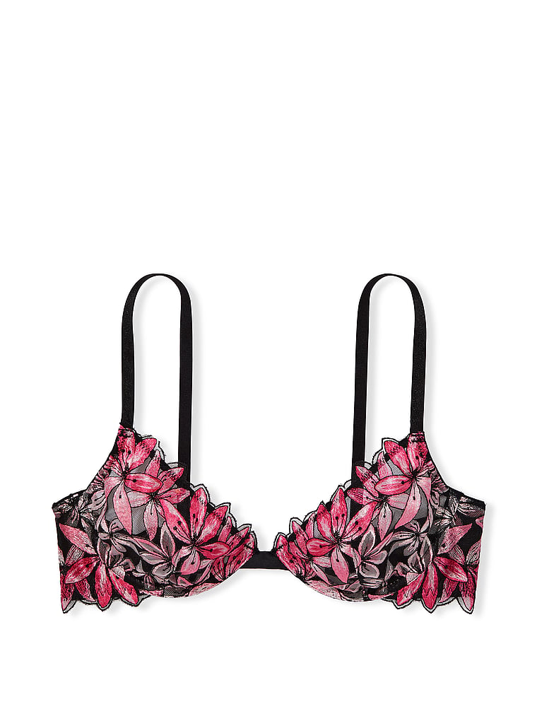 Victoria's Secret, Very Sexy Ziggy Glam Floral Embroidery Low-Cut Demi Bra, Black, offModelFront, 4 of 4