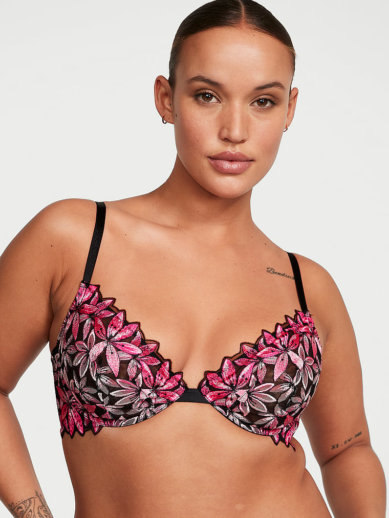 Victoria's Secret, Very Sexy Ziggy Glam Floral Embroidery Low-Cut Demi Bra, Black, onModelFront, 1 of 4 Sofia  is 5'8" and wears 36D or Large