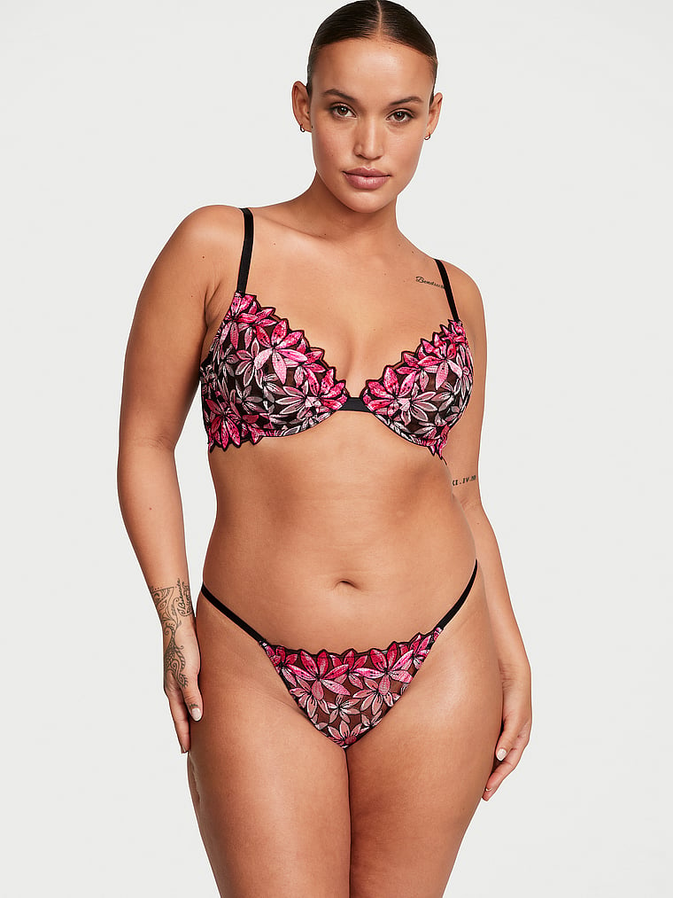 Victoria's Secret, Very Sexy Ziggy Glam Floral Embroidery Low-Cut Demi Bra, Black, onModelSide, 3 of 4 Sofia  is 5'8" and wears 36D or Large