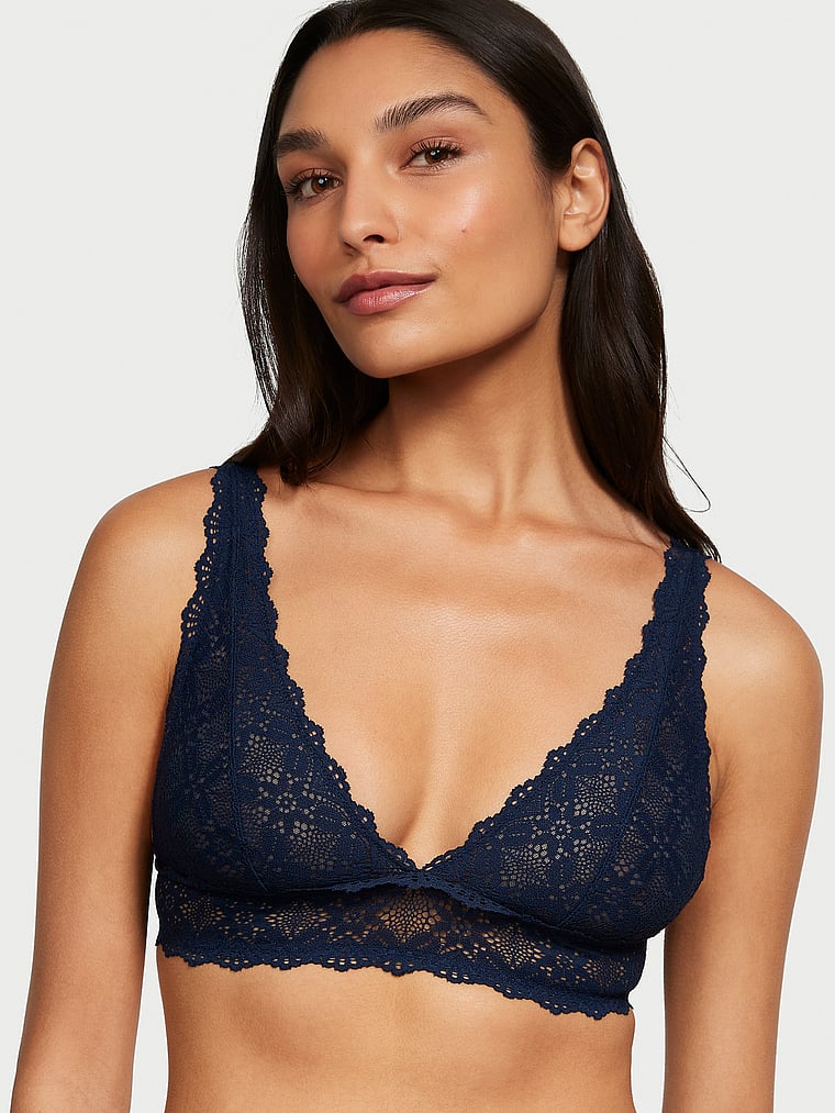 Victoria's Secret, Victoria's Secret Lace Triangle Bralette, Noir Navy, onModelFront, 1 of 3 Madison is 5'9" and wears 34B or Small