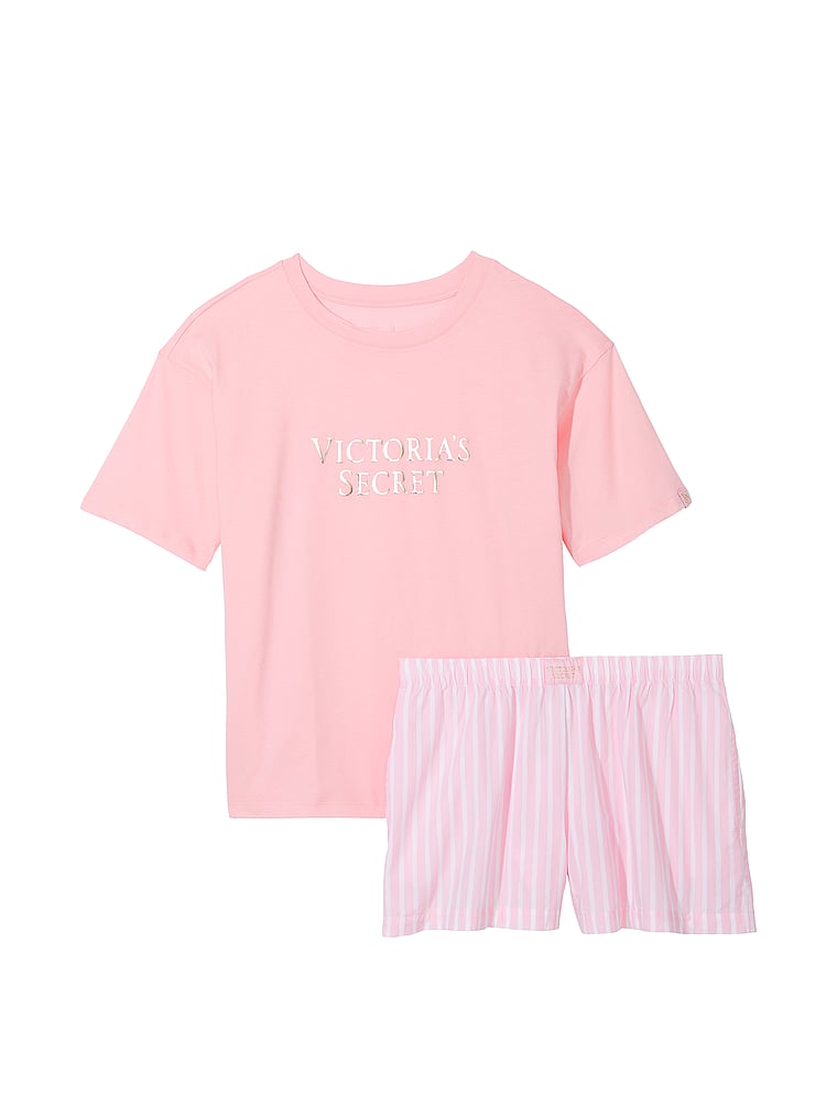 Victoria's Secret, Victoria's Secret Cotton Short Tee-Jama Set, Pretty Blossom Stripes, offModelFront, 1 of 4