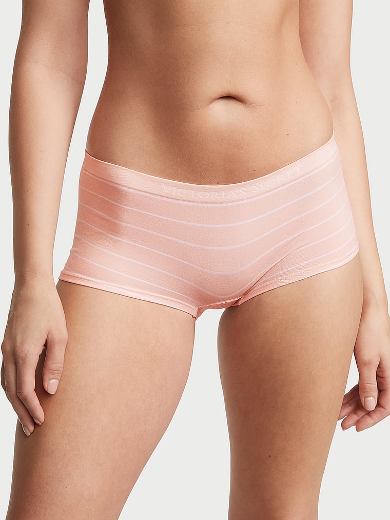 Victoria's Secret, Seamless Seamless Boyshort Panty, Purest Pink Stripes, onModelFront, 1 of 3 Kiana is 5'9" and wears Small