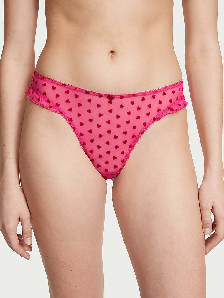 Victoria's Secret, Victoria's Secret Tease High-Leg Scoop Thong Panty, Forever Pink Hearts, onModelFront, 1 of 4 Mackenzie is 5'10" and wears Small