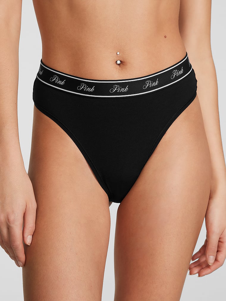 PINK Logo Cotton Brazilian Panty, Pure Black, onModelFront, 1 of 4 Scarlett is 5'11" and wears Small