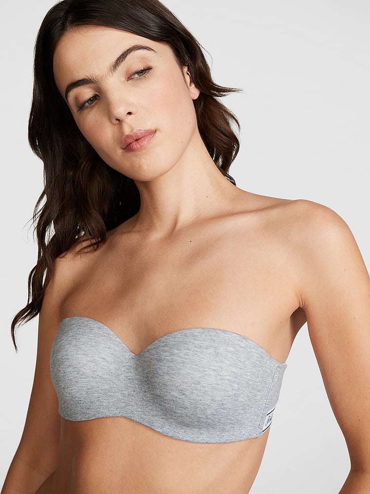 PINK Wear Everywhere Wear Everywhere Lightly Lined Strapless Bra, Medium Heather Grey, onModelFront, 1 of 3 Scarlett is 5'11" and wears 34B or Small