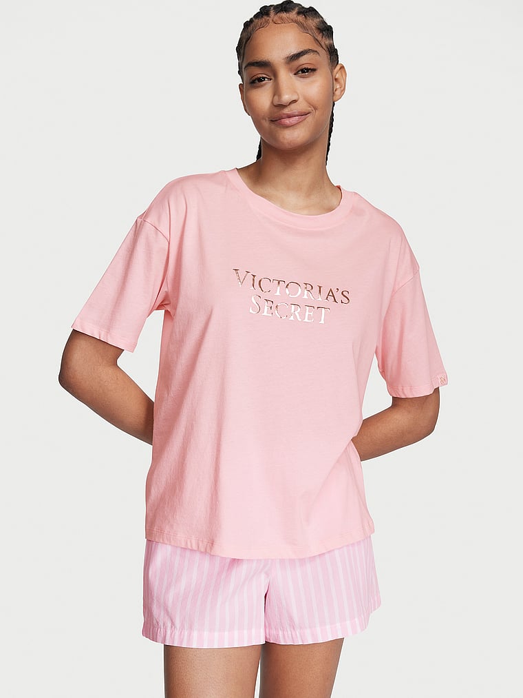 Victoria's Secret, Victoria's Secret Cotton Short Tee-Jama Set, Pretty Blossom Stripes, onModelFront, 3 of 4 Anyeline is 5'10" and wears S/Long