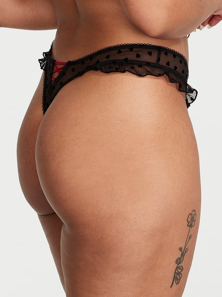 Victoria's Secret, Victoria's Secret Tease High-Leg Scoop Thong Panty, Black Hearts, onModelBack, 2 of 5 Mackenzie is 5'10" and wears Small