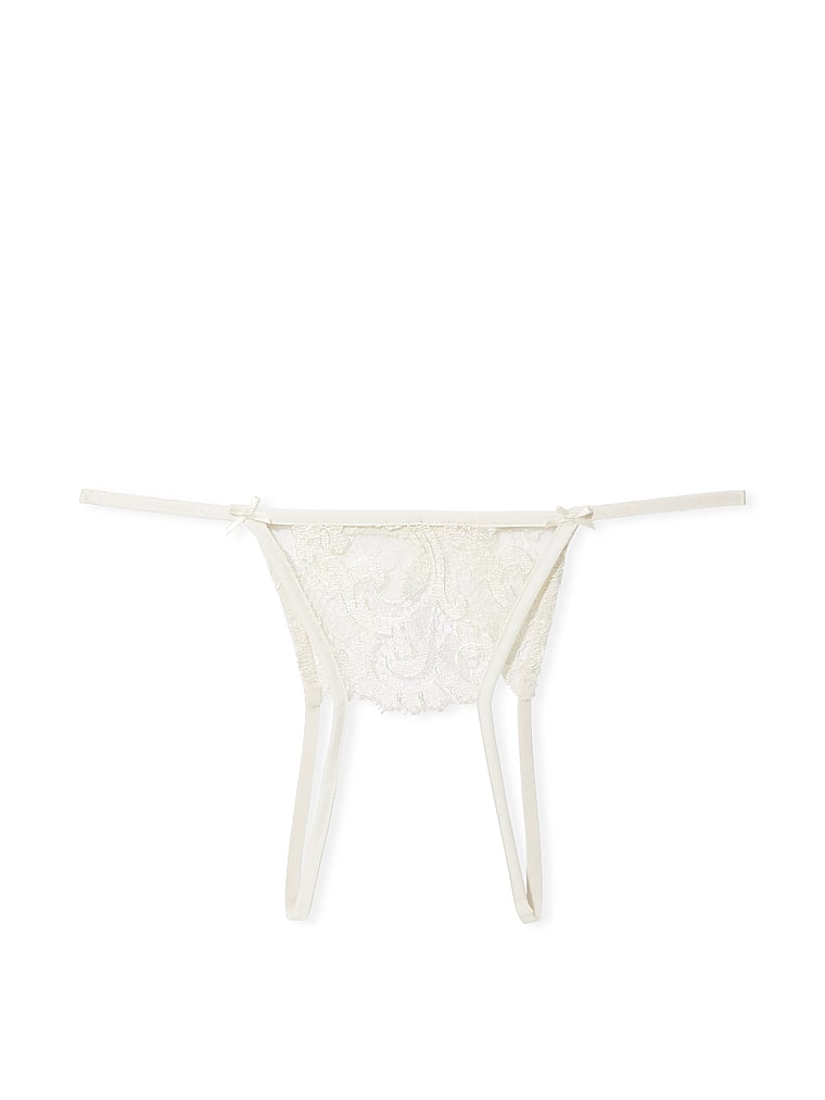 Victoria's Secret, Dream Angels Boho Floral Embroidery Crotchless String Bikini Panty, White/Ivory, offModelFront, 3 of 4