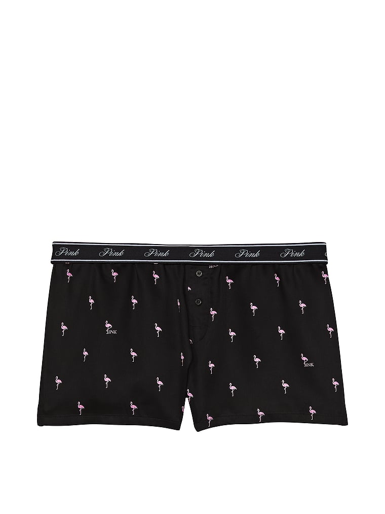 PINK TENCEL™ Boxy Pajama Shorts, Pure Black Flamingo, offModelFront, 3 of 4