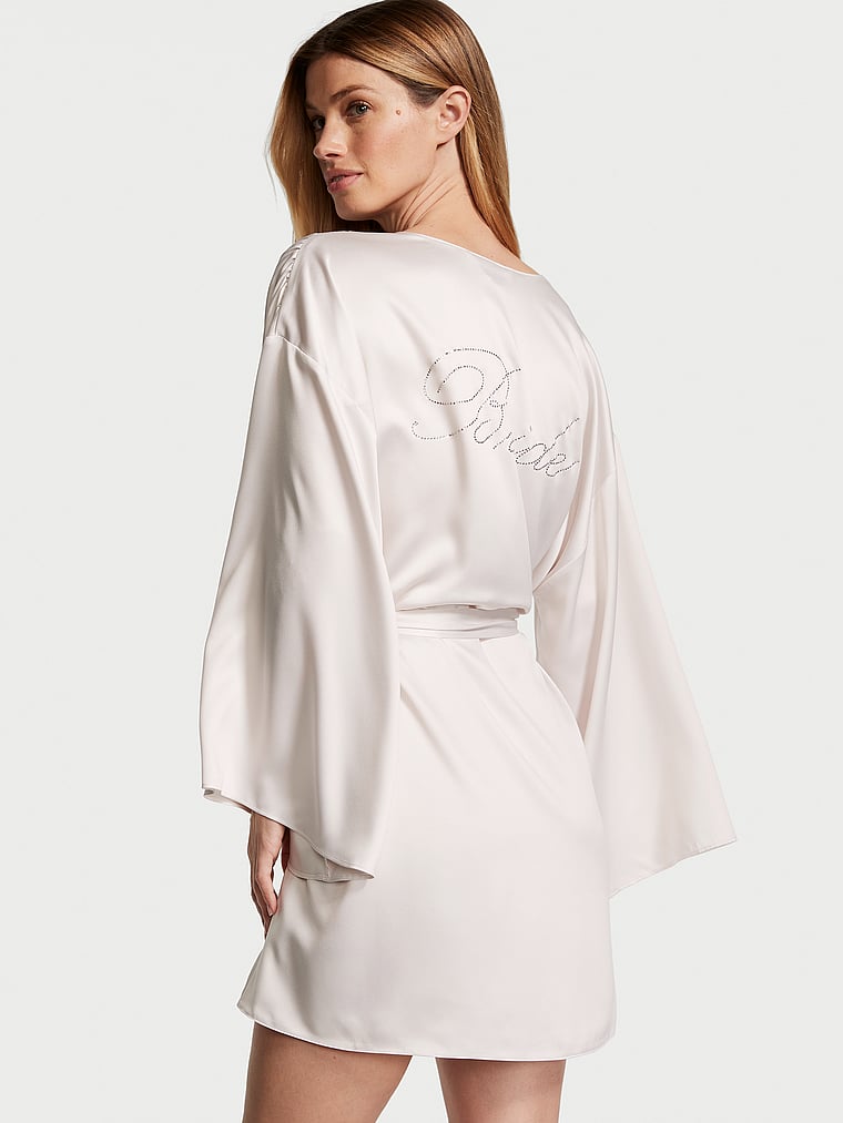 Victoria's Secret, Victoria's Secret Bride Embellished Satin Short Robe, Coconut White, onModelFront, 1 of 4 Maggie is 5'7" and wears Small