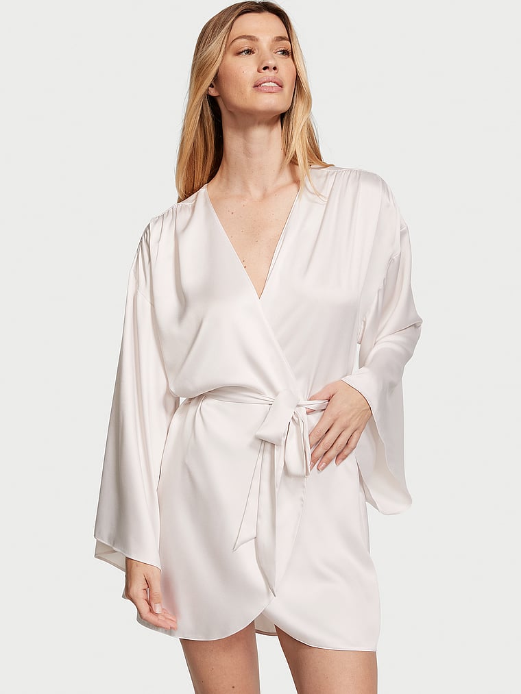 Victoria's Secret, Victoria's Secret Bride Embellished Satin Short Robe, Coconut White, onModelBack, 2 of 4 Maggie is 5'7" and wears Small