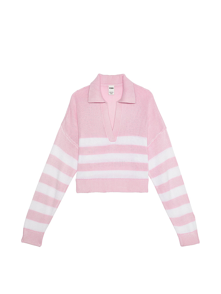 PINK Cambridge Knit Polo Sweater, Spring Orchid Stripe, offModelFront, 3 of 3