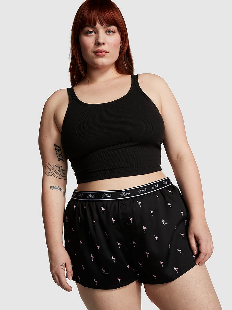 PINK TENCEL™ Boxy Pajama Shorts, Pure Black Flamingo, onModelFront, 1 of 4 Lulu is 5'7" and wears Large