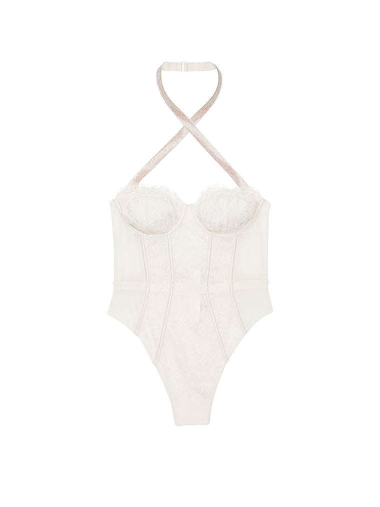 Victoria's Secret, Very Sexy Shine Strap Halter Lace Teddy, Coconut White, offModelFront, 4 of 5