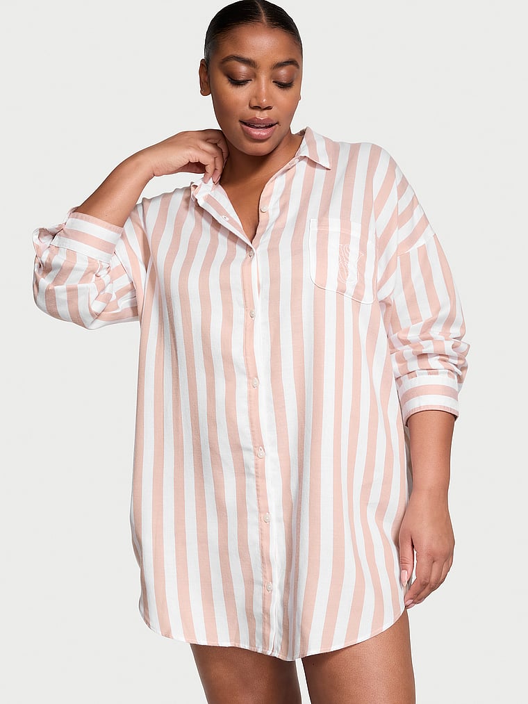 Victoria's Secret, Victoria's Secret Modal-Cotton Sleepshirt, Toasted Sugar Stripes, onModelFront, 1 of 4 Brianna is 5'10" and wears Extra Large