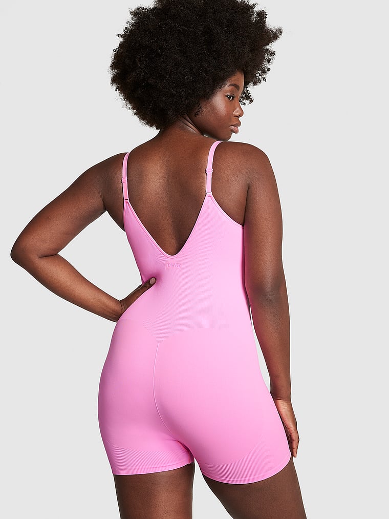 PINK The Wave Soft Seamless Onesie, Lola Pink, onModelBack, 2 of 3 Fanta is 5'11" and wears Medium