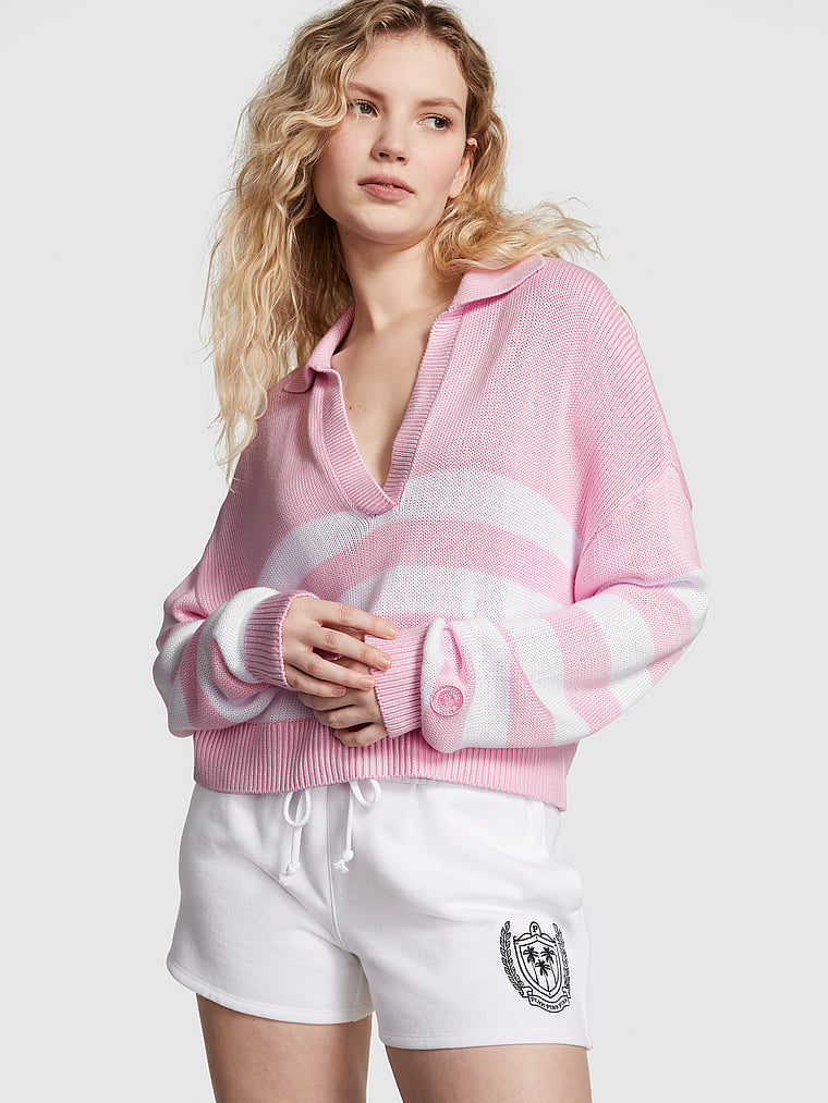 PINK Cambridge Knit Polo Sweater, Spring Orchid Stripe, onModelFront, 1 of 3 Anabel is 5'8" and wears Small