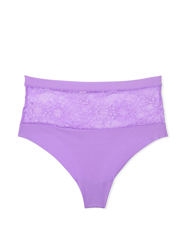 Victoria's Secret, No-Show No-Show Lace High-Waist Thong Panty, Purple Paradise, offModelFront, 3 of 3
