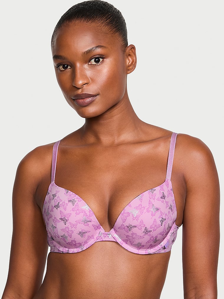 Victoria's Secret, Victoria's Secret Sexy Tee Smooth Push-Up Bra, Violet Sugar Butterflies, onModelFront, 3 of 4 Tsheca  is 5'9" and wears 34B or Small