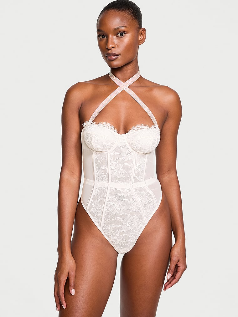 Victoria's Secret, Very Sexy Shine Strap Halter Lace Teddy, Coconut White, onModelFront, 1 of 5 Tsheca  is 5'9" and wears 34B or Small