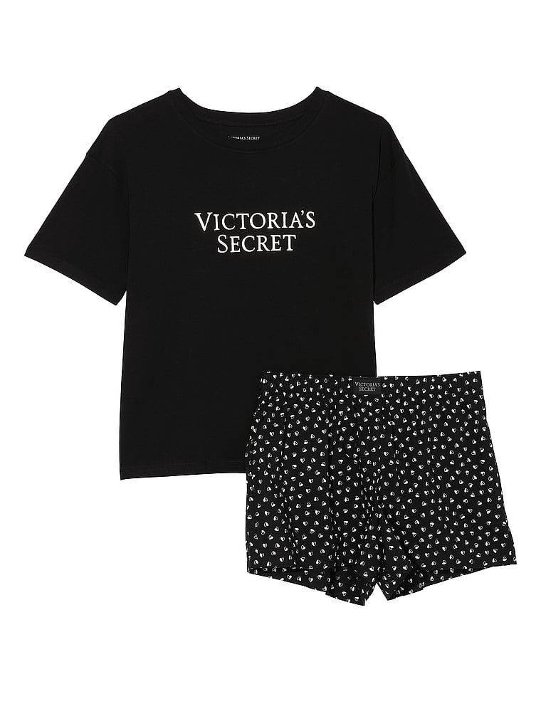 Victoria's Secret, Victoria's Secret Cotton Short Tee-Jama Set, Black Hearts, offModelFront, 3 of 4