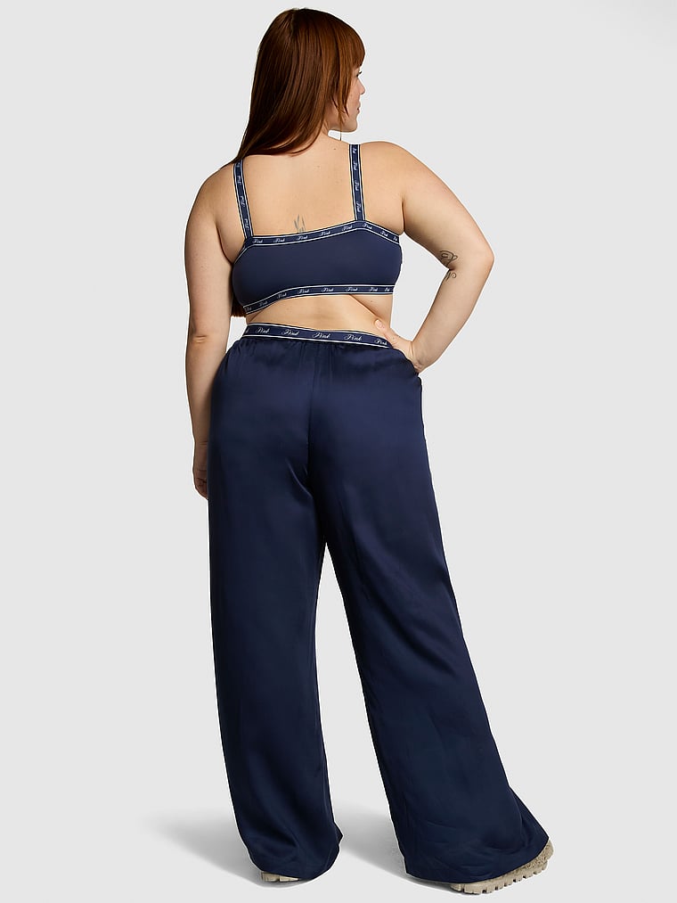 PINK TENCEL™ Wide-Leg Pajama Pants, Midnight Navy, onModelBack, 4 of 4 Lulu is 5'7" and wears Large