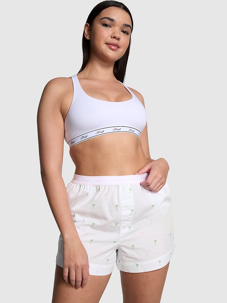 PINK Cotton Poplin Boxer Shorts, White Palms, onModelFront, 1 of 5 Breanna is 5'8" and wears Large