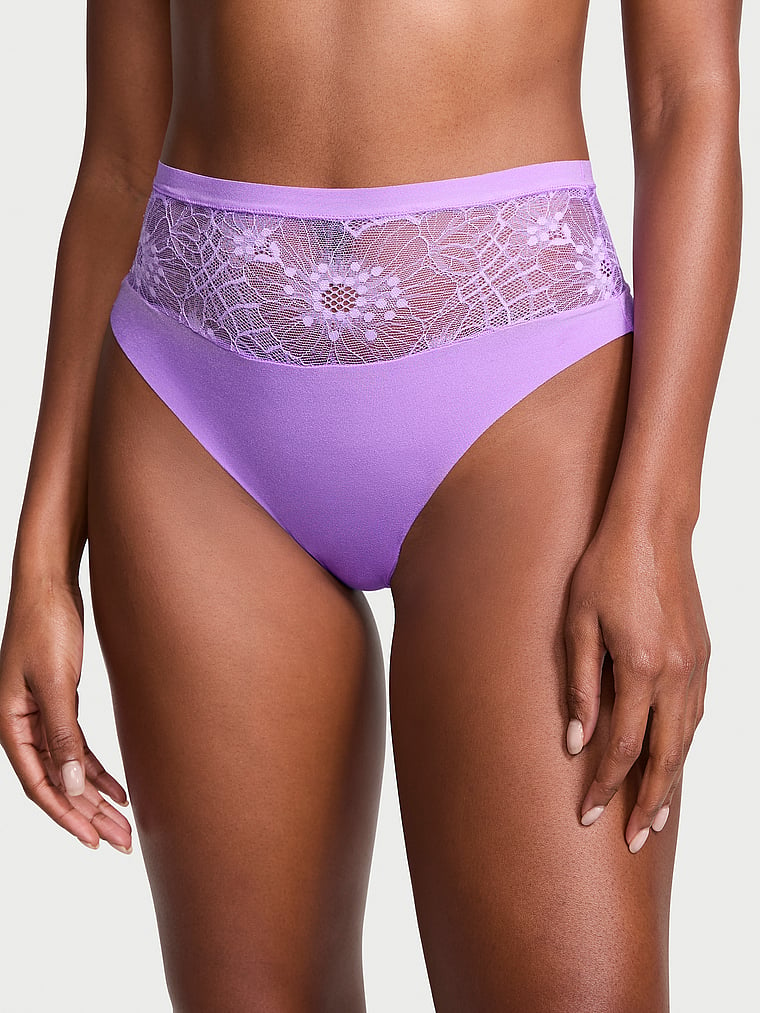 Victoria's Secret, No-Show No-Show Lace High-Waist Thong Panty, Purple Paradise, onModelFront, 1 of 3 Tsheca  is 5'9" and wears Small