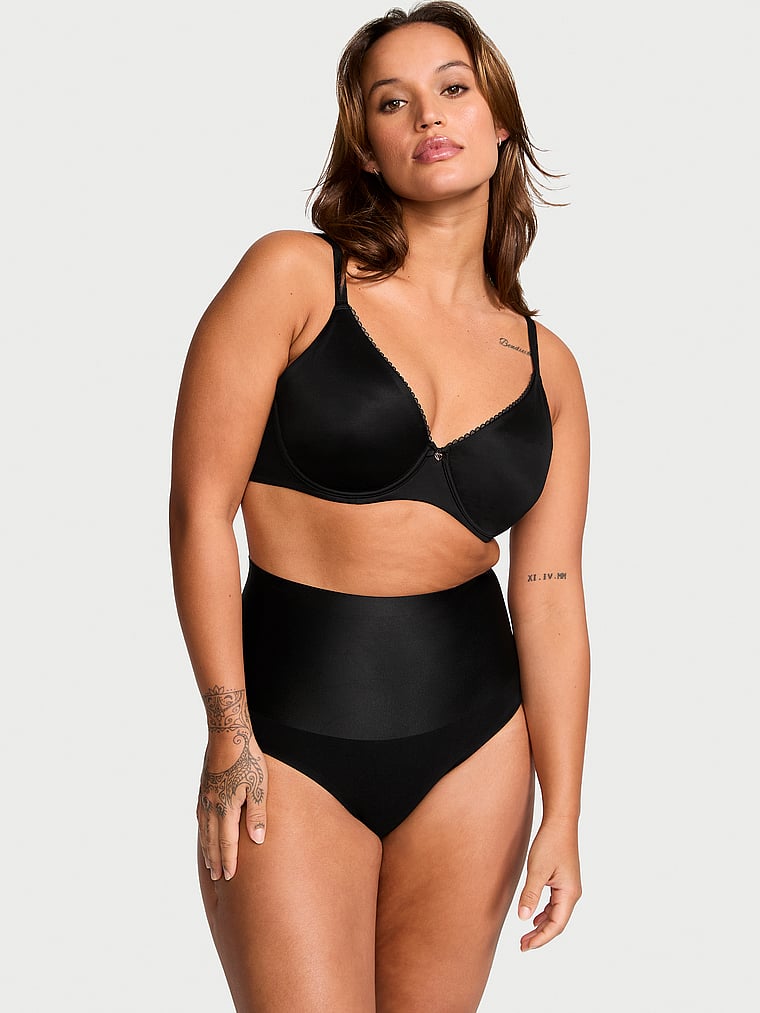 Victoria's Secret, Body by Victoria Smoothing Shimmer Brief Panty, Black, onModelSide, 4 of 4 Sofia  is 5'8" and wears Large