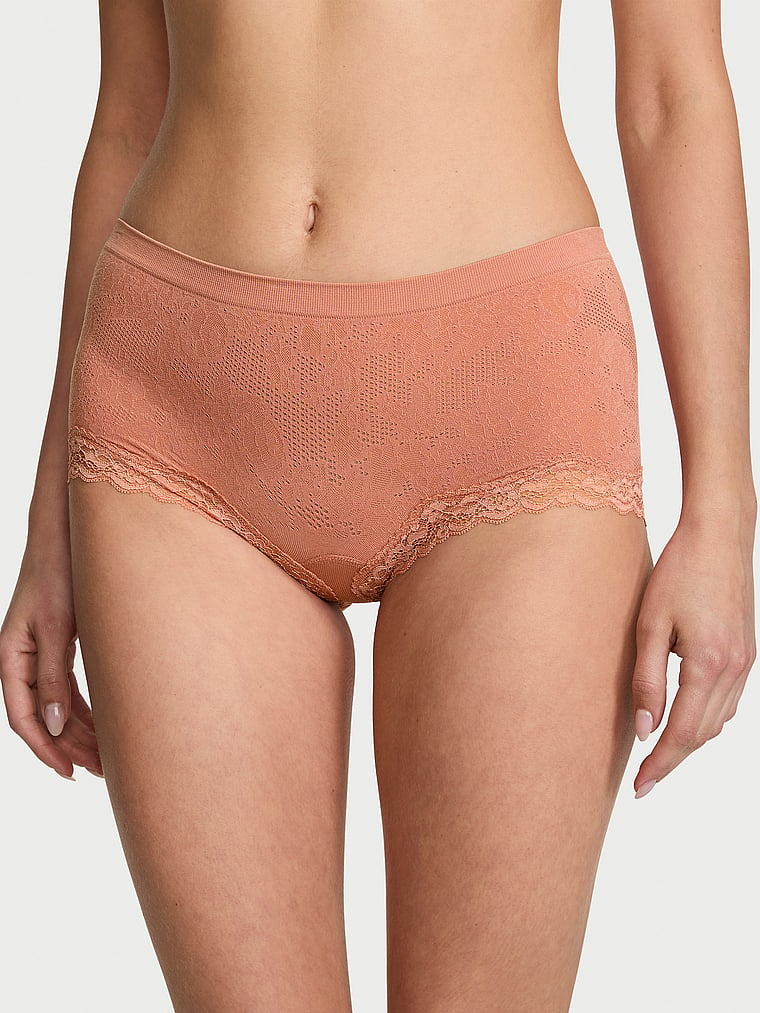 Victoria's Secret, Seamless Seamless Lace-Trim Boyshort Panty, Rose Blush, onModelFront, 1 of 3 Ari is 5'9" and wears Small