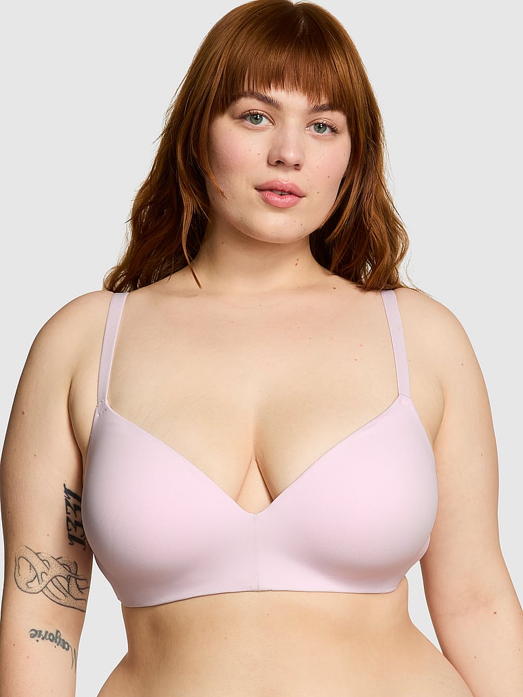 PINK Wear Everywhere Wear Everywhere Lightly Lined Wireless Bra, Pink Tulip, onModelFront, 3 of 4 Lulu is 5'7" and wears 38DDD (F) or Large
