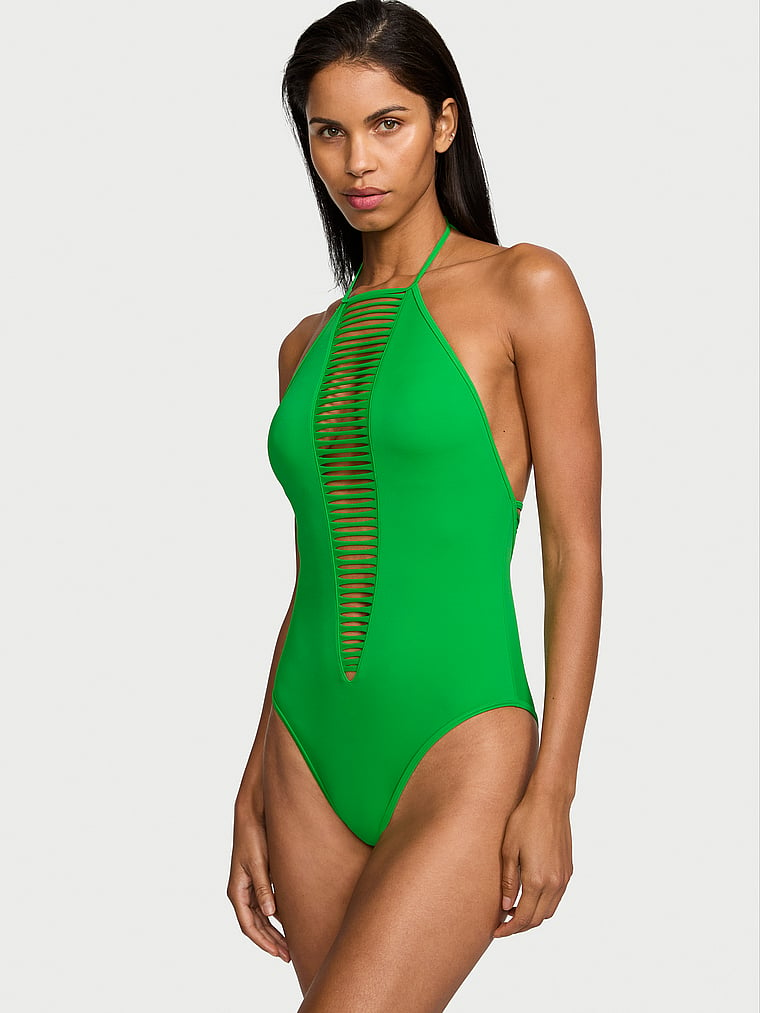 Victoria's Secret, Victoria's Secret Swim VS Archives Swim Strappy High-Neck One-Piece Swimsuit, Island Jade, onModelFront, 1 of 3 Daiane is 5'11" and wears Small
