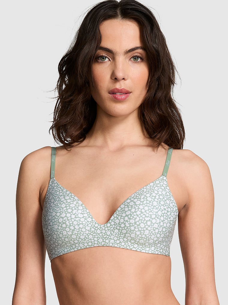 PINK Wear Everywhere Wear Everywhere Lightly Lined Wireless Bra, Iceberg Green Floral Print, onModelFront, 1 of 4 Scarlett is 5'11" or 180cm and wears 34B or Small