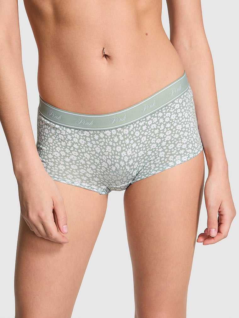 PINK Logo Cotton Boyshort Panty, Iceberg Green Floral Print, onModelFront, 3 of 4 Scarlett is 5'11" and wears Small