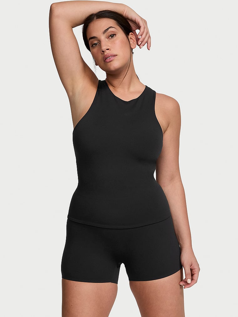 Victoria's Secret, Victoria's Secret VS Elevate Cut-Out Tank Top, Black, onModelSide, 4 of 4 Lorena is 5'9" and wears Large