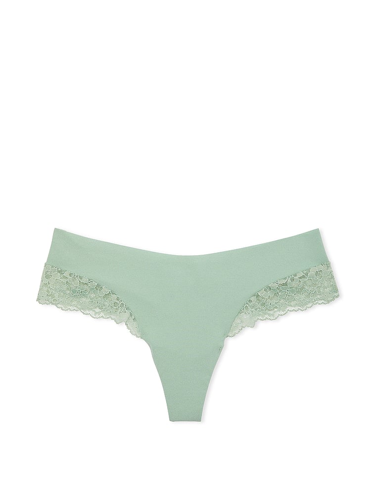 Victoria's Secret, No-Show No-Show Lace-Trim Thong Panty, Green, offModelFront, 3 of 3