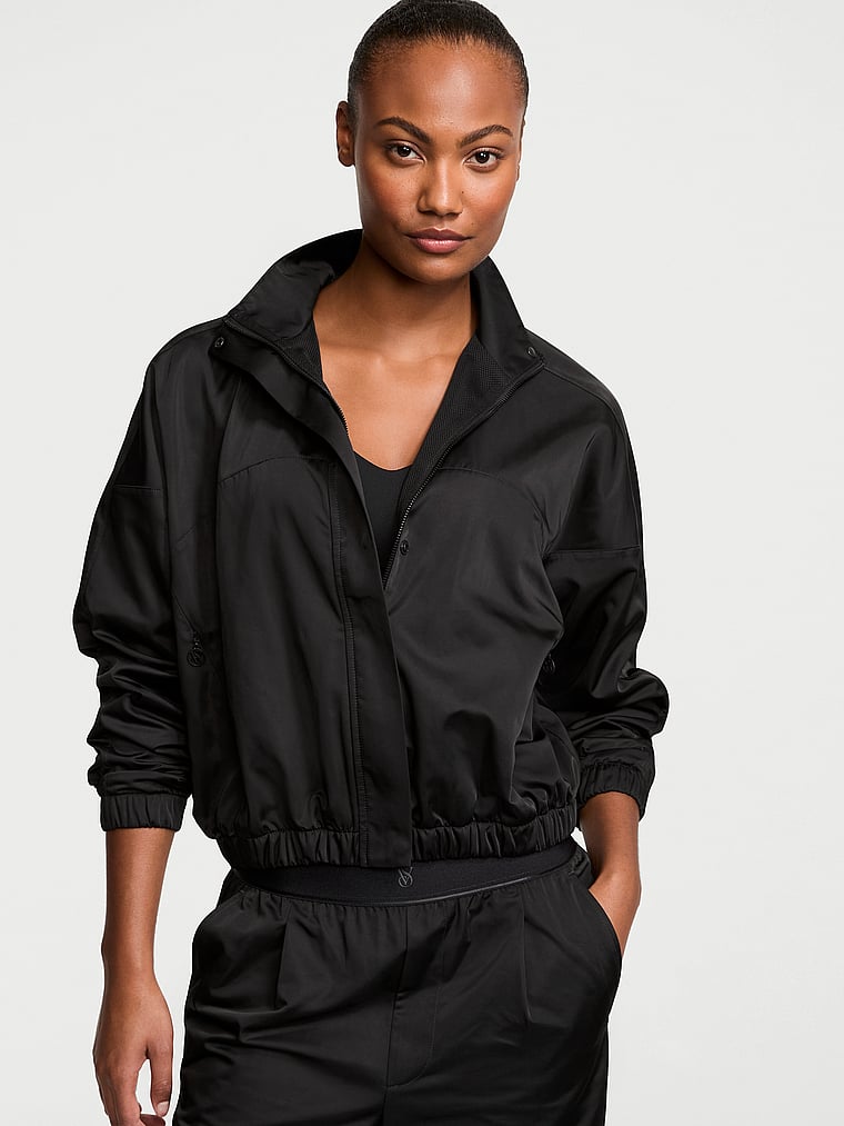 Victoria's Secret, Victoria's Secret Lux Glossy Sport Full-Zip Jacket, Black, onModelFront, 1 of 4 Ange-Marie is 5'10" and wears Small