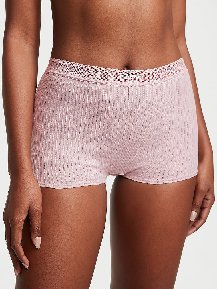 Victoria's Secret, Cotton Logo Cotton Lace High-Waist Boyshort Panty, Grey, onModelFront, 1 of 3 Tsheca  is 5'9" and wears Small