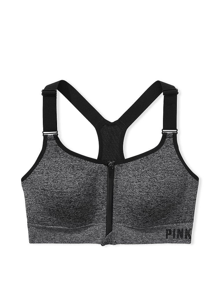 PINK Pink Active Seamless Air High-Impact Sports Bra, Pure Black Marl, offModelFront, 3 of 5