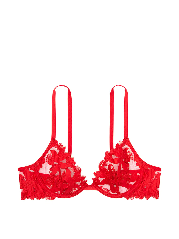 Victoria's Secret, Very Sexy Ziggy Glam Floral Embroidery Unlined Demi Bra, Lipstick, offModelFront, 3 of 5
