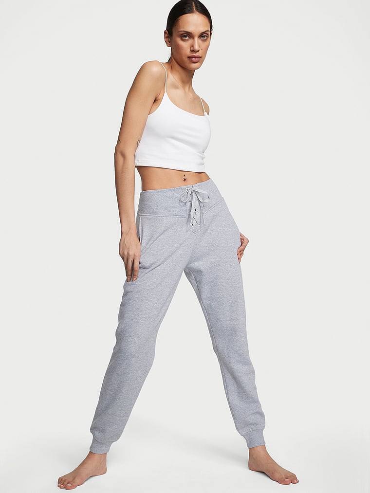 Victoria's Secret, Victoria's Secret Cotton High-Rise Fleece Lace-Up Jogger Pants, Heather Gray, onModelFront, 1 of 4 Dalianah is 5'11" and wears Small