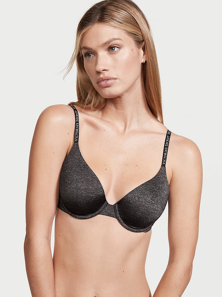 Victoria's Secret, The T-shirt Logo Strap Perfect Coverage Bra, Black Marl, onModelFront, 1 of 3 Maggie is 5'7" and wears 32B or Small