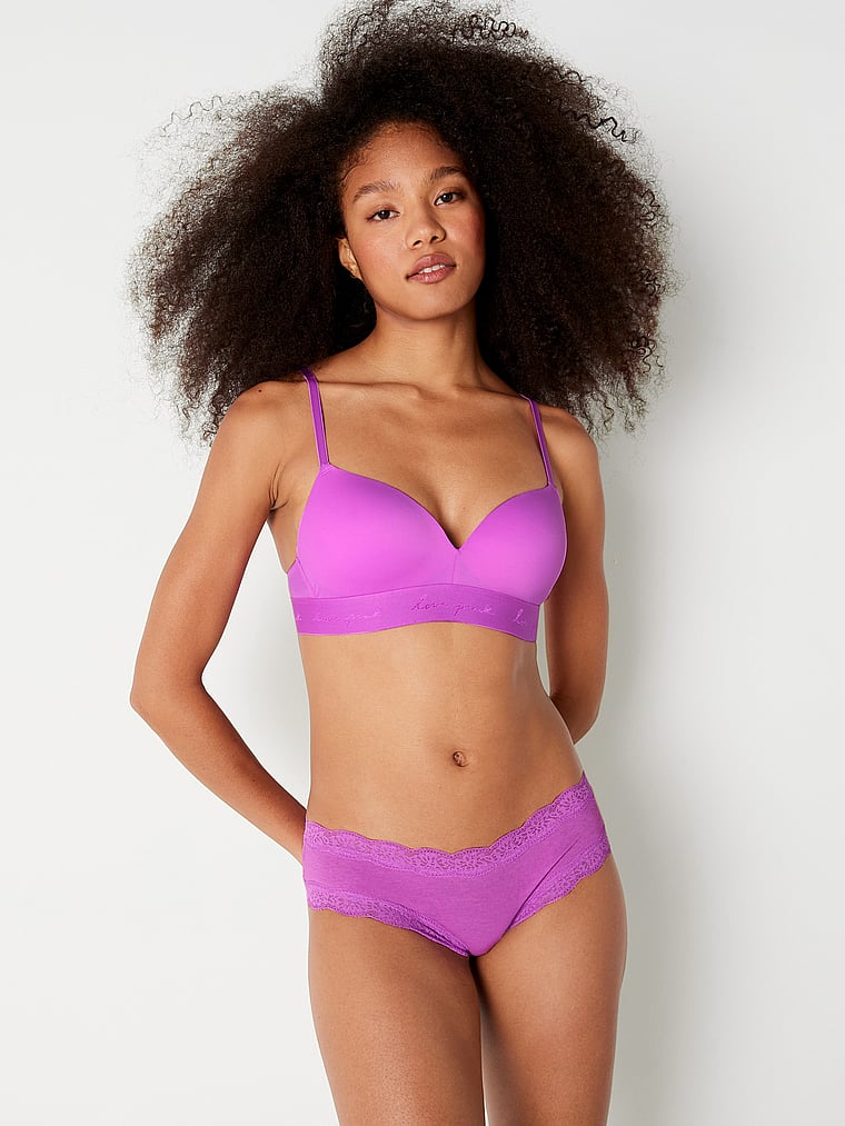 PINK Wear Everywhere Wear Everywhere Wireless Push-Up Bra, House Party, onModelFront, 1 of 5 Serguelen is 5'10" and wears 34B or Small