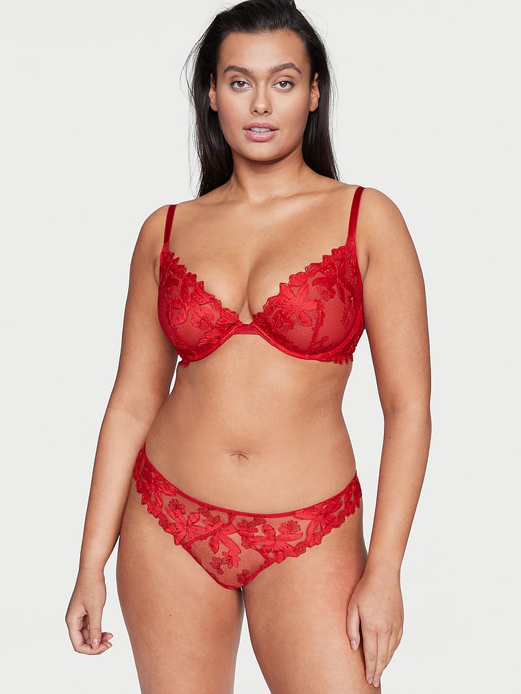 Victoria's Secret, Very Sexy Ziggy Glam Floral Embroidery Unlined Demi Bra, Lipstick, onModelFront, 1 of 5 Karmi is 5'10" and wears 34DD (E) or Large