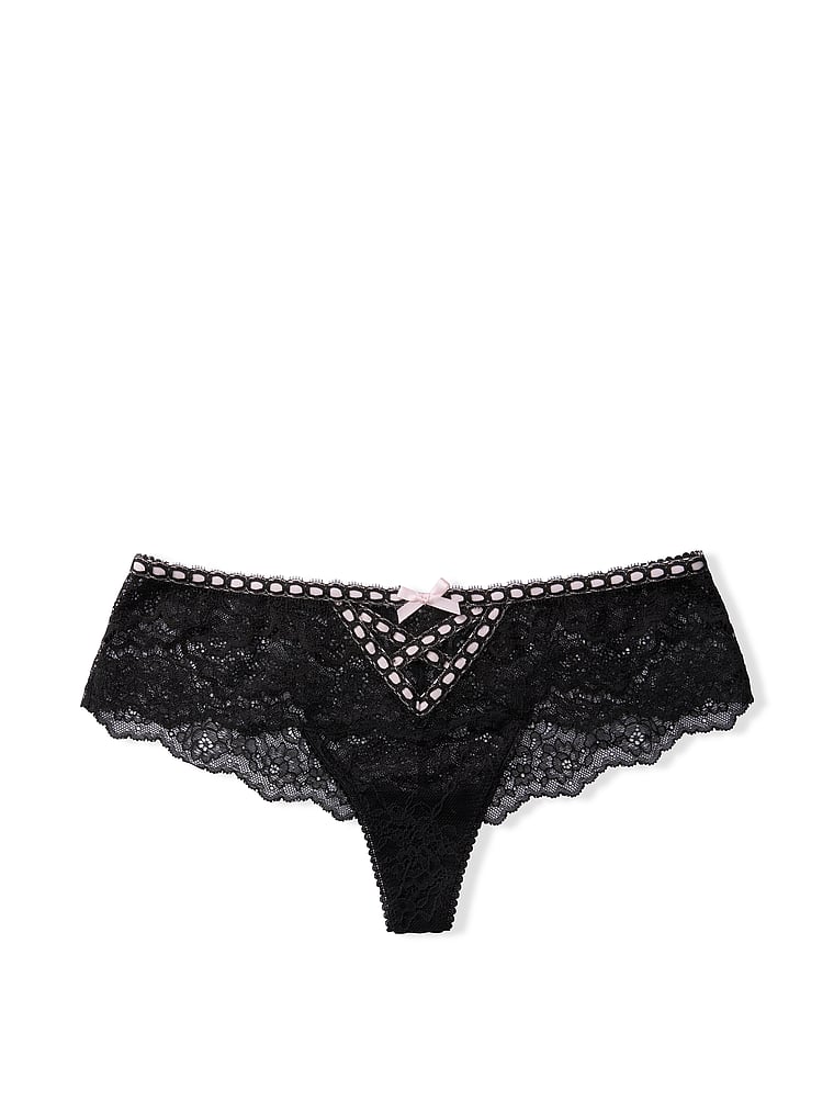 Victoria's Secret, Dream Angels Lace-up Bow Hipster Thong Panty, Black , offModelFront, 3 of 4