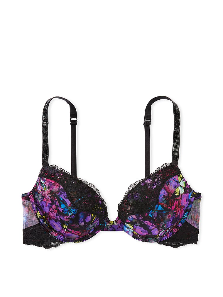 Victoria's Secret, Very Sexy Shine Strap Lace Trim Push-Up Bra, Moody Floral, offModelFront, 3 of 5